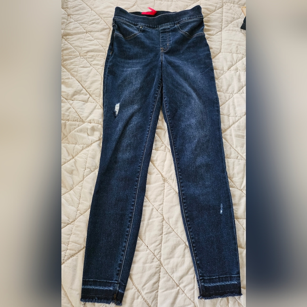 SPANX Distressed Dark Wash Pull Up Leggings- S/P